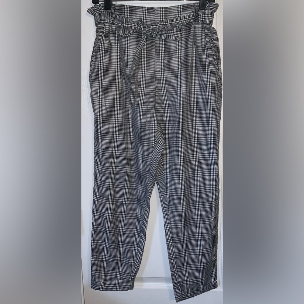 New Look Plaid Paperbag Pants High Waisted Trousers Tie Waist Black White Size M